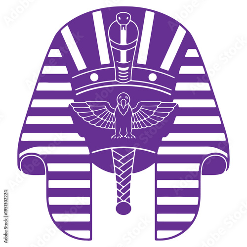 Ancient egyptian pharaoh mask symbol with striped headdress and bird emblem isolated on transparent background