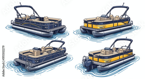 Four Pontoon Boats on Water, Two Blue and Two Yellow, for Recreation