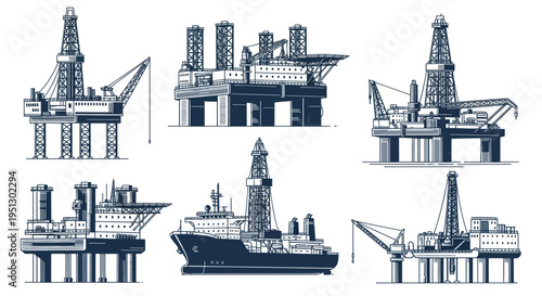Offshore Oil Rig Illustrations: Drilling Platforms & Exploration Vessels