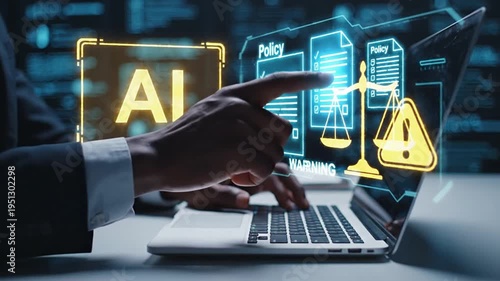 Professional managing AI legal compliance, policy review, and risk assessment using digital tools. Focus on ethical AI, data governance, regulatory adherence, and legal safety.