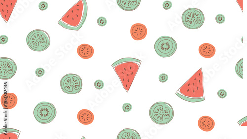 Seamless cartoon food pattern with watermelon, cucumber, and tomato slices for textile and decorative design