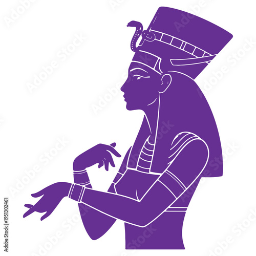 Ancient egyptian queen or goddess in traditional headdress and jewelry illustrated in a classic style and isolated on transparent background