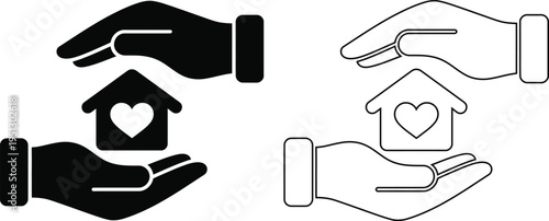 Two styles of hands protecting a house with a heart symbol for real estate and insurance concepts
