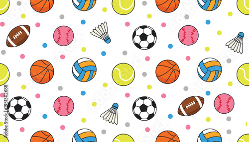 Seamless cartoon sports pattern with footballs, basketballs, volleyballs, soccer balls, tennis balls, baseballs, and shuttlecocks
