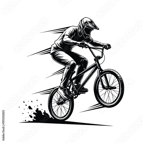 A black and white illustration of a bmx rider wearing a helmet and performing a stunt on a bike with motion lines and splashes
