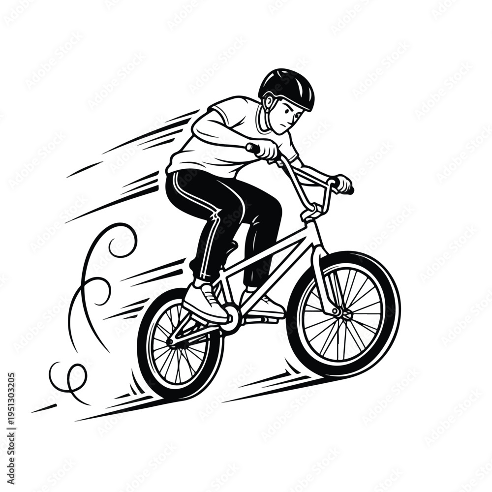 Fototapeta premium A young bmx rider in motion, performing a trick on a bike with motion lines, conveying a sense of speed and action on a white background