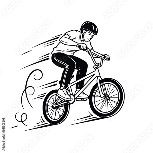 A young bmx rider in motion, performing a trick on a bike with motion lines, conveying a sense of speed and action on a white background