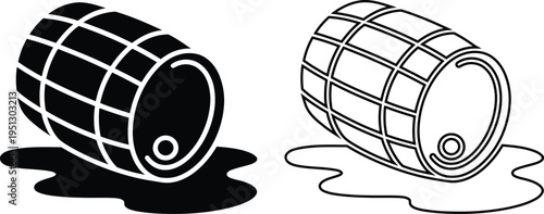 Two icons of wooden barrels lying on their sides with liquid spilling out on a white background