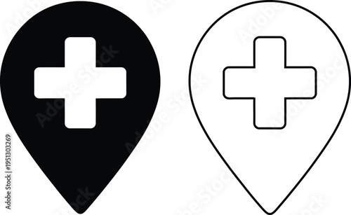 Two map pin icons featuring a medical cross symbol in both solid black and outlined vector styles