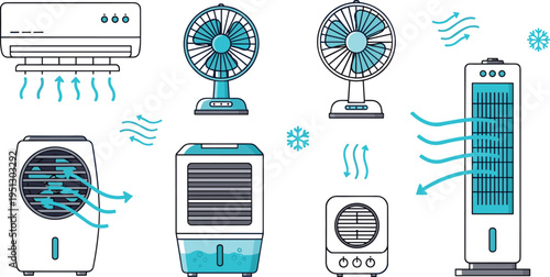Air cooling appliances illustration set with air conditioner fan cooler tower ventilator home cooling devices collection