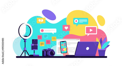 Vibrant workspace with creative tools for social media content creation