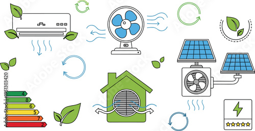 Energy efficient home ventilation and renewable power illustration set with solar panel airflow fan eco technology concept