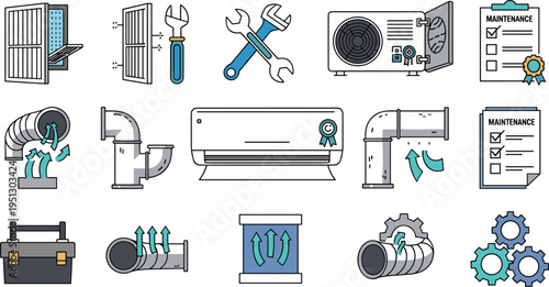 HVAC maintenance and repair service icon set with air conditioner tools duct cleaning ventilation system illustration