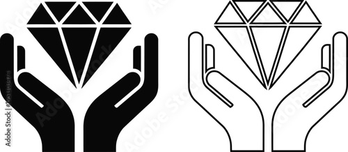 Two styles of icon showing a pair of human hands gently holding and protecting a large diamond