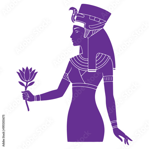 Egyptian queen silhouette holding a lotus flower in hand isolated on transparent background