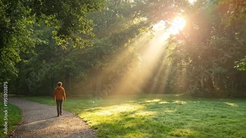Golden sunbeams pierce through a lush forest, illuminating a person walking on a winding path. Serene morning light.