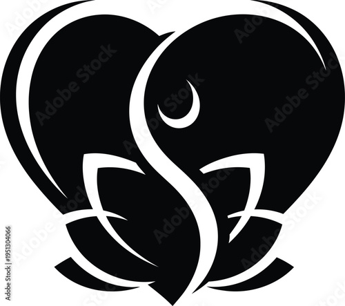 A stylized black and white Vector art illustration of intertwined hearts with crescent moon and leaves.