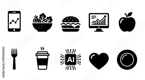 A collection of black icons representing technology, food, and emotions on a white background, suitable for use in digital design, marketing materials, and educational resources.