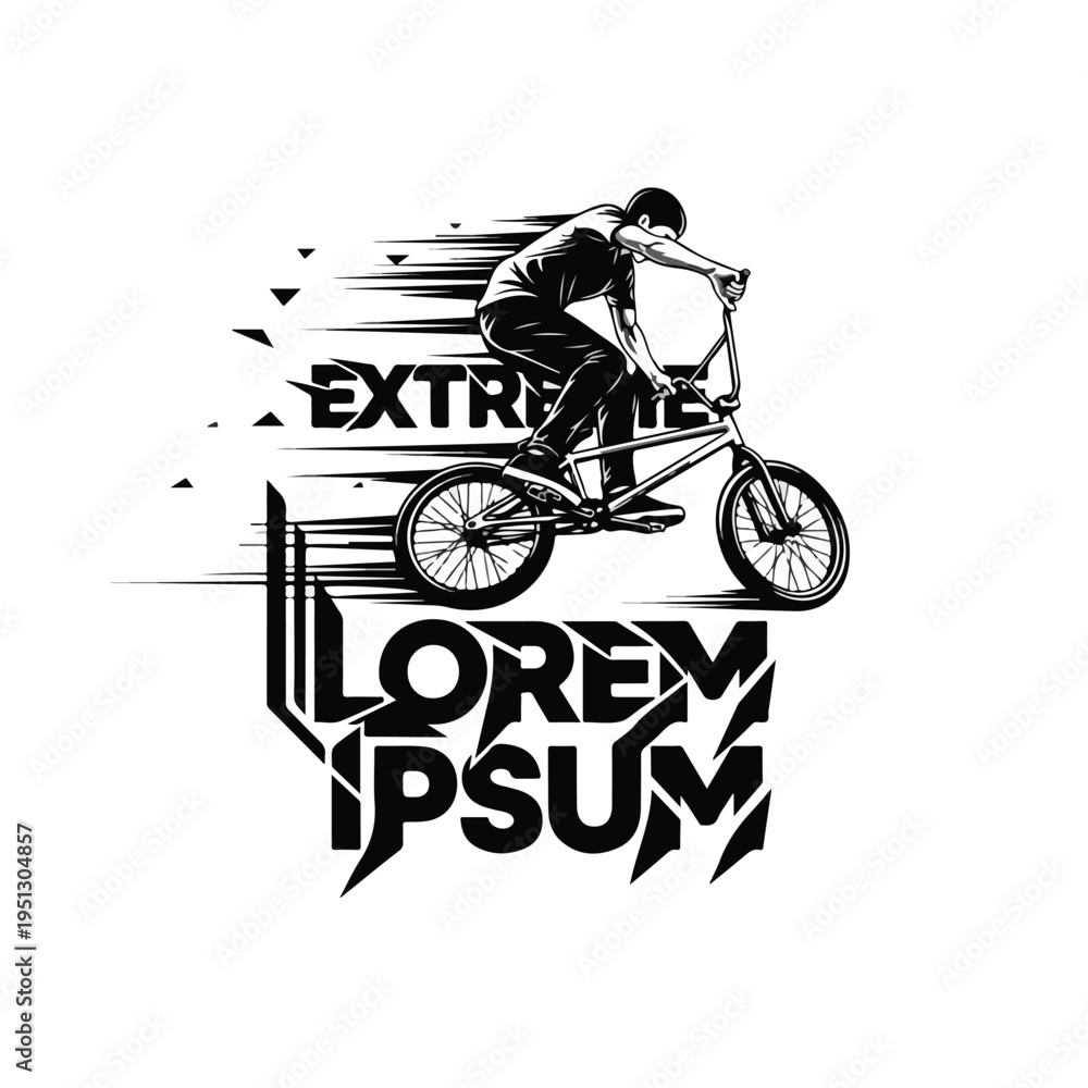 Naklejka premium A black and white illustration of a person riding a BMX bike wearing a tshirt with extreme text in a dynamic graphic design