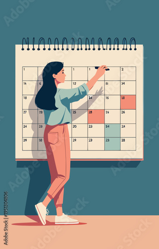 Illustrazione vettoriale di persona di spalle che indica un calendario. Concetto di pianificazione, organizzazione, gestione del tempo, appuntamenti e lavoro, ideale per business, ufficio e produtti