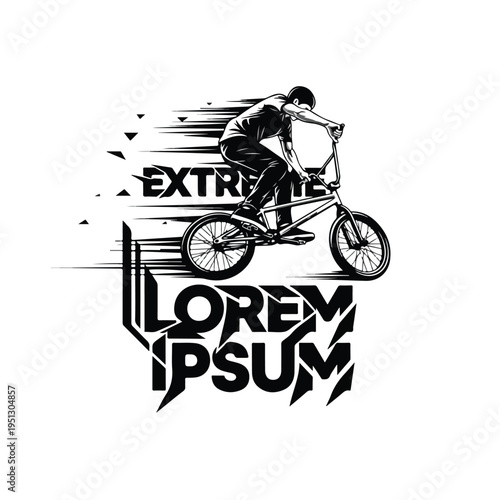 A black and white illustration of a person riding a BMX bike wearing a tshirt with extreme text in a dynamic graphic design