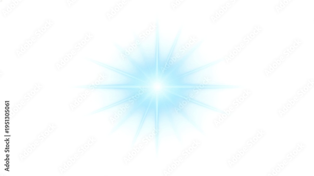 Fototapeta premium Blue starburst light effect on white background glowing lens flare with sharp rays abstract shine for design bright spark radiant energy digital graphic element creative overlay