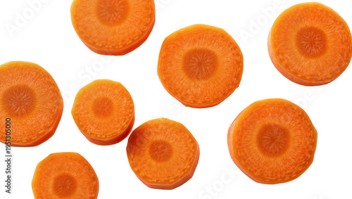 Tableau sur toile Isolated fresh organic raw carrot slices healthy vegetarian food ingredient flat lay