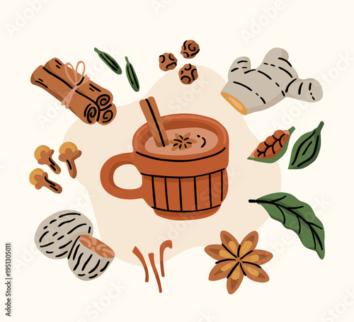 Masala tea cup with spice ingredient illustration