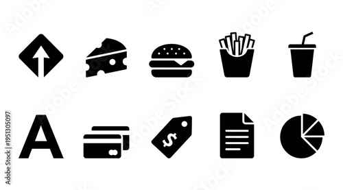 a collection of black icons on a white background representing business and food concepts, including payment, food items, and financial symbols, useful for marketing and advertising materials
