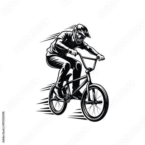 An athletic bmx rider wearing a helmet rides a bike with motion lines on a white background