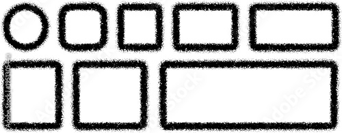 Stippled grain texture circle and rectangle frames isolated on white background. Spray dot noise vignette with dotted pattern. Dissolve effect geometric element.
