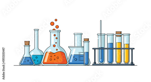 A collection of various laboratory glassware including beakers with bubbling liquids and test tubes with colorful solutions is displayed.