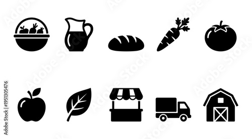 a set of black icons on white background representing farm fresh produce and food delivery