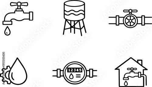 Water supply system pipeline industry line icons. Vector