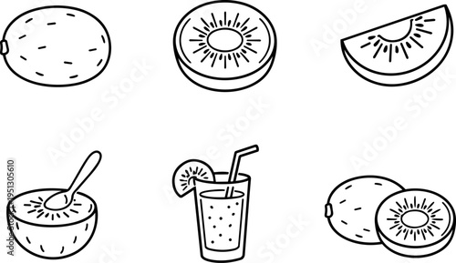 Kiwi fruit fresh healthy juice line icons
