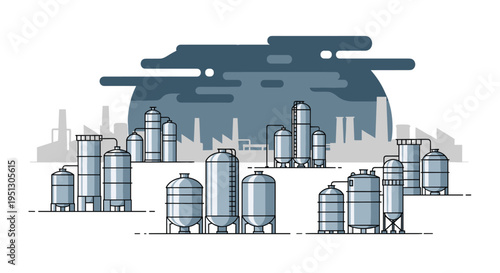 An industrial landscape features multiple clusters of grey storage tanks and tall distillation columns with factory buildings under a dark, cloud-filled sky.