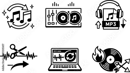 Music audio editing sound technology line icons