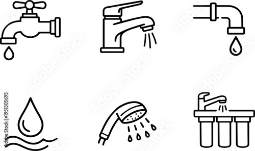 Water plumbing faucet supply hygiene line icons. Vector