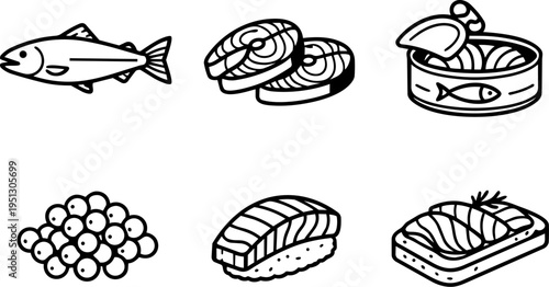 Fish seafood cuisine cooking meal line icons