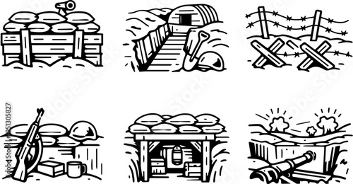 War military trenches battlefield defense line icons