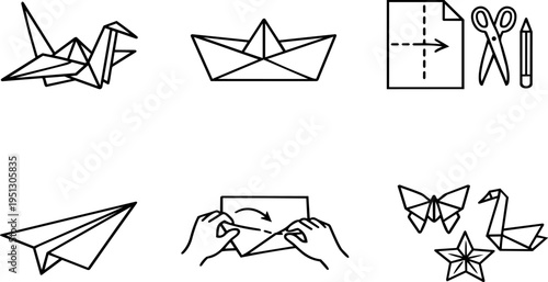 Origami paper craft folding art line icons