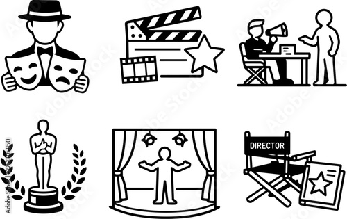 Cinema film production movie industry line icons
