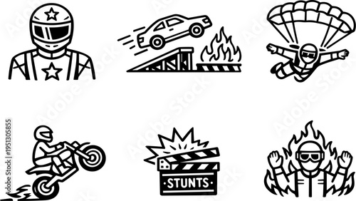 Extreme stunts action danger adrenaline line icons. Vector