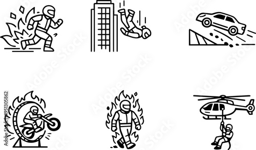 Extreme stunts action danger adrenaline line icons