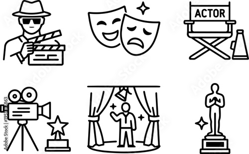 Cinema film production actor stage line icons