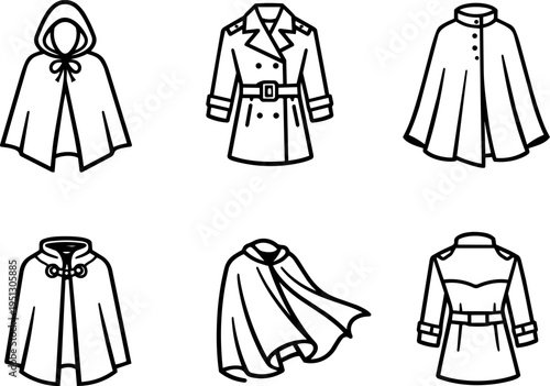Outerwear weather clothing rain coat line icons. Vector