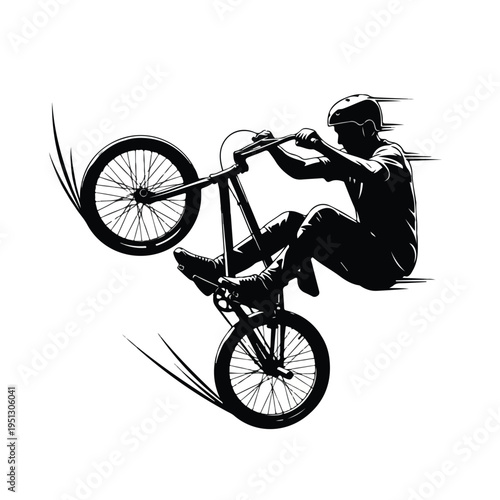 A silhouette of a bmx rider performing a trick on a bike with motion lines, conveying a dynamic and energetic mood on a white background