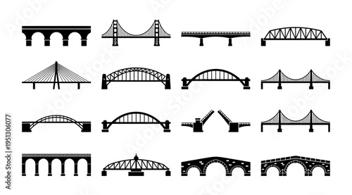 a set of black and white illustrations of different bridge types and designs, including arch, beam, suspension, and truss bridges, useful for architecture, engineering, or urban planning concepts