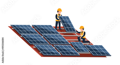 Two workers in hard hats and vests are installing dark blue solar panels on a red tiled roof against a plain white background.