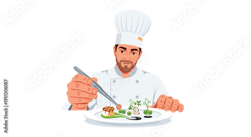 A smiling male chef in a white toque and uniform is meticulously garnishing a gourmet dish with tweezers against a plain white background.